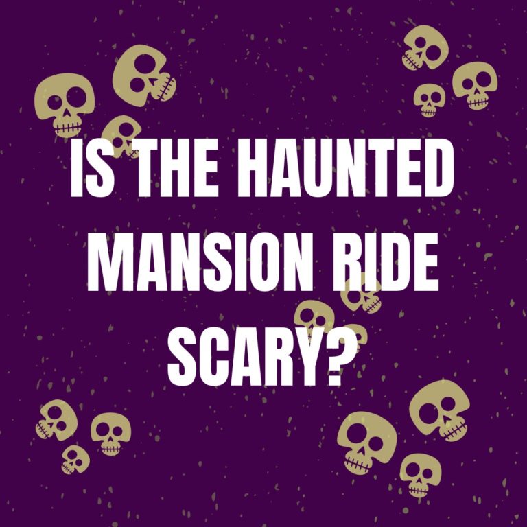 Cover image, features faded skulls and the words “ is the haunted mansion ride scary “ in white on a purple background