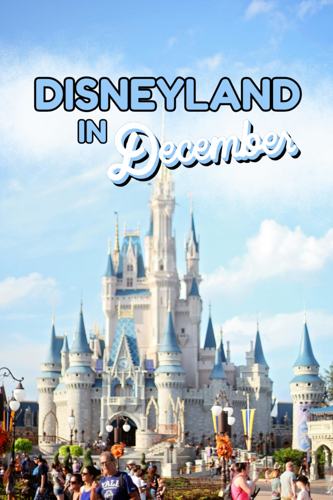 Cover image for Disneyland in December blog post, features the keyword text over clouds and an image of the Disneyland castle