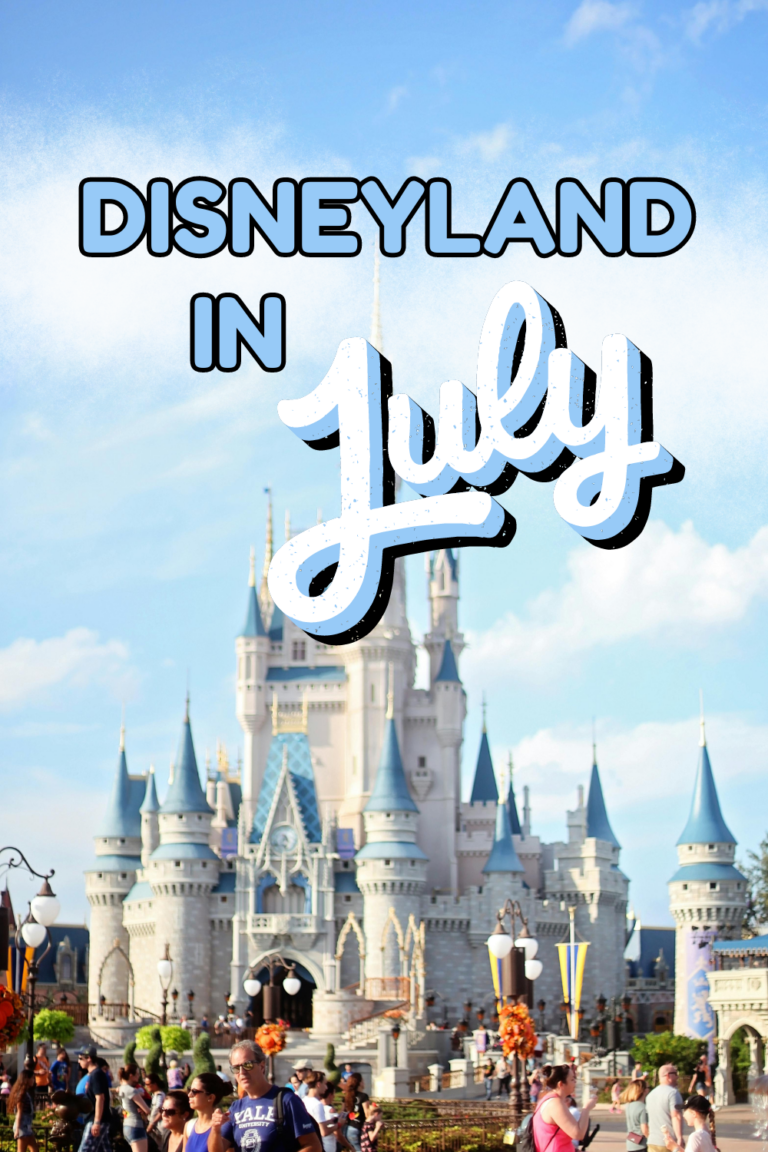 Cover image for Disneyland in July blog post, features the keyword text over clouds and an image of the Disneyland castle