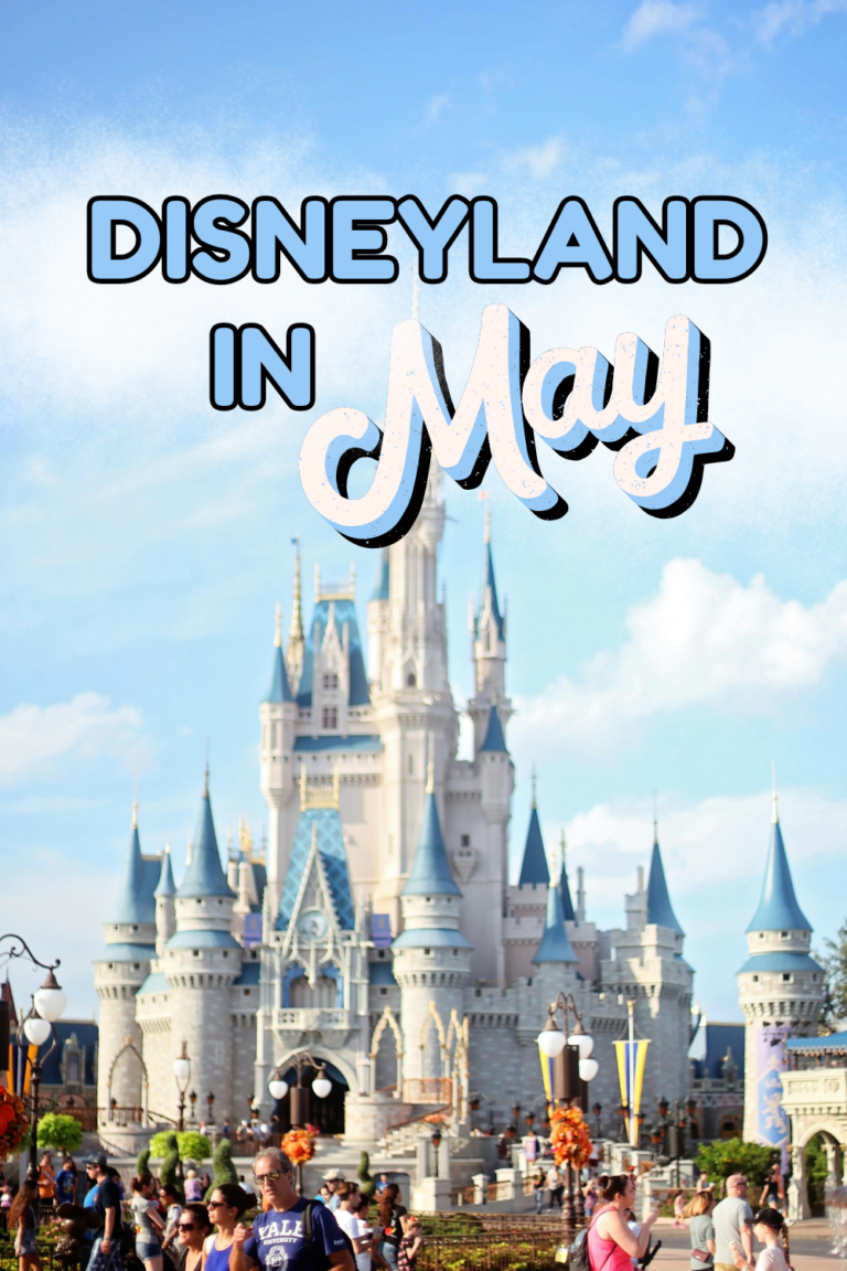 Cover image for Disneyland in May blog post, features the keyword text over clouds and an image of the Disneyland castle