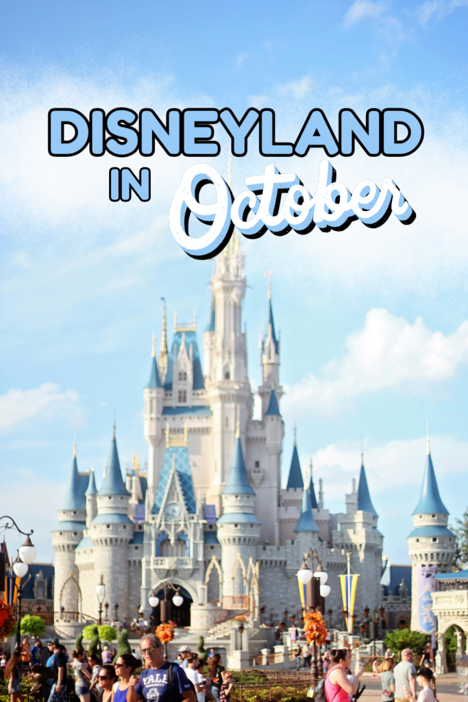 Cover image for Disneyland in October blog post, features the keyword text over clouds and an image of the Disneyland castle