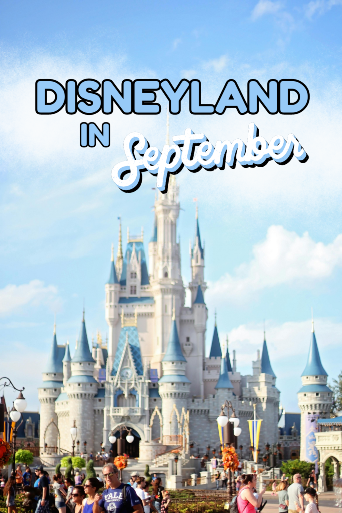 Cover image for Disneyland in September blog post, features the keyword text over clouds and an image of the Disneyland castle
